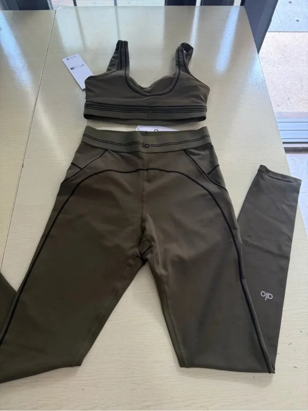 ALO Yoga Olive Green Seamless Sports Bra with Logo